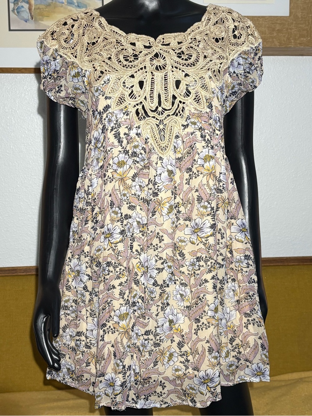 Free People Margot Printed Dress with a cream crochet neckline size small